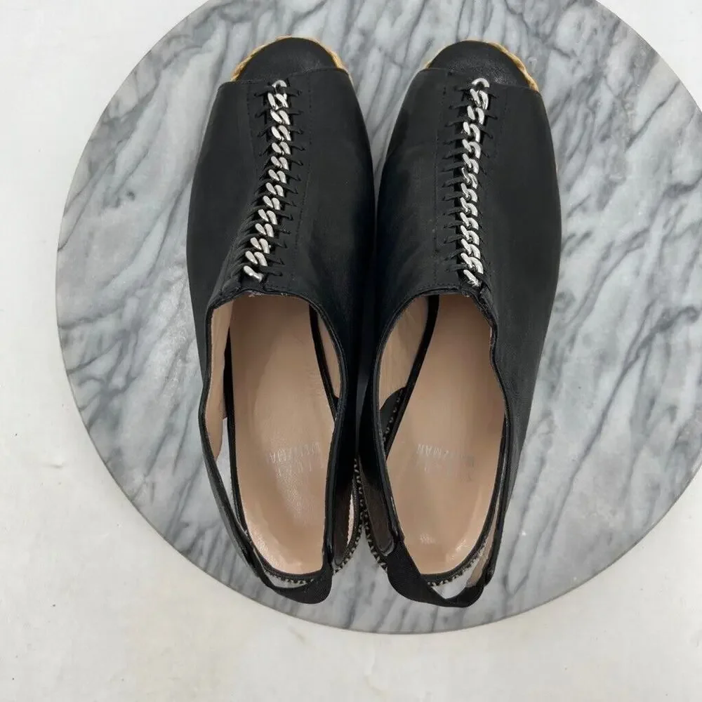 Stuart Weitzman Womens 7.5 Sandal Black Slingback Wedge Espadrille Chain Detail - Picture 9 of 14